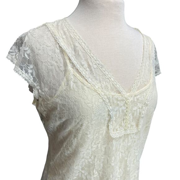 Y2K Women Lace Top Sz M Sheer Ivory Coquette Fairy Femme Whimsigoth Boho Strappy - Picture 4 of 9